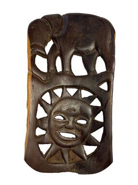 Hand Carved Malawi Africa Wood Wall Art Elephant Sun Mask 18.5" Vintage